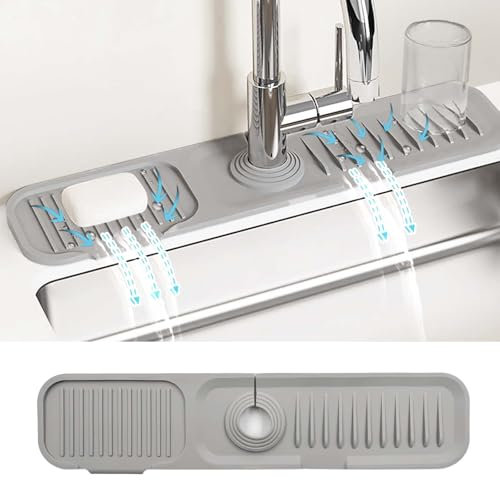 Daily Treasures 45 x 10 cm Kitchen Sink Splash Guard,Narrow Rim Design Silicone Faucet Mat,5°Slope Water Catcher Mat,Tidy Mat for Kitchen Sink Bathroom Counter Sink Accessories(Grey)