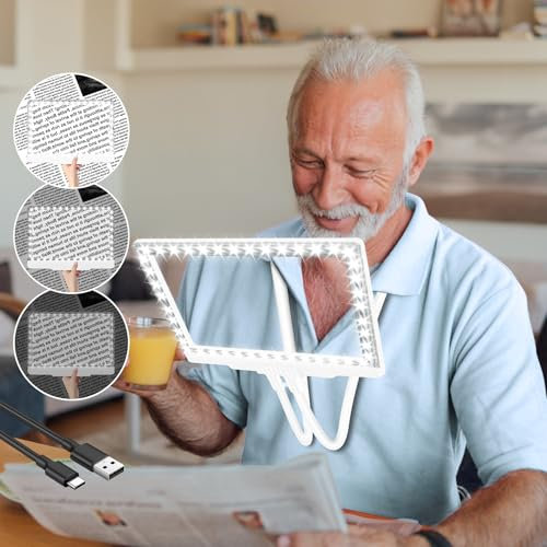 Lente d'ingrandimento 5X Ricaricabile, con Luce, Mani Libere, Collo Flessibile a Cigno e 43 LED per Illuminazione a Pagina Intera, Perfetta per Persone Anziane con Problemi di Vista per Leggere Testi