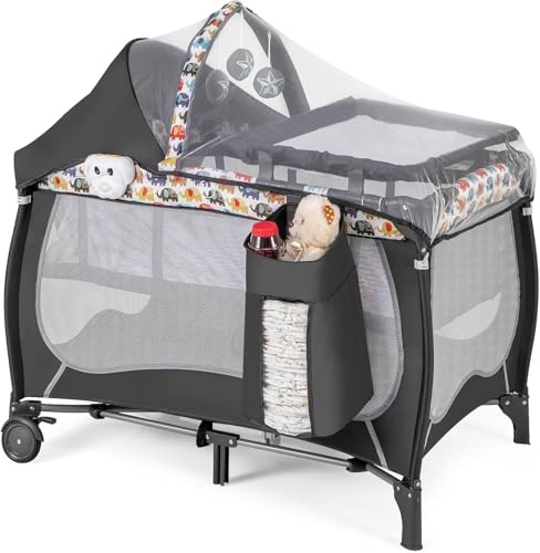 FANTASK 4 in 1 Babybett mit faltbaren Matratze & Wickeltisch & Baldachin, Kinderreisebett mit Rollen, Tragetasche tragbares Beistellbett mit Spielbogen und Spieluhr für Baby bis 36 Monaten