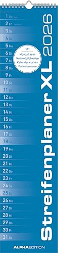 Alpha Edition - Planificador de rayas XL azul calendario 2026 – 15 x 64 cm – Planificador de pared estrecho – Planificador largo de una columna para cocina, oficina y hogar – Con espacio para notas y