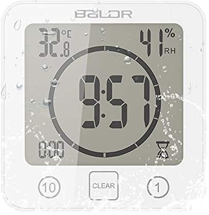 Kinberry Reloj de Ducha a Prueba Despertador Digital con termómetro, IP24 Resistente Temporizador de Alarma para Ducha de baño con higrómetro, Temporizador de Ducha