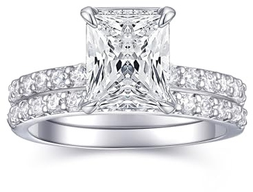 AONED Engagement Rings For Women Wedding Rings Fake Engagement Ring Set Promise Rings For Her 2 Carat 2CT Radiant Cubic Zirconia CZ Bridal Ring Sets Wedding Rings Cheap Band 2pcs, Size 6.5