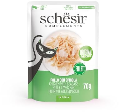 Schesir, Filetes de Pollo con Lubina en Gelatina, Comida Húmeda Complementaria para Gatos, en Bolsas, Receta Original, 100% Natural, 12 x 70g