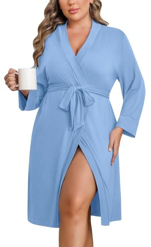 Ekouaer Women Plus Size Robe Knee Length Lightweight Bathrobe Short Kimono Robes with Pockets Maternity Robe Blue 3X