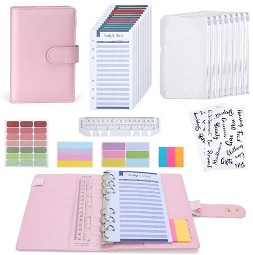 Euqvunn Budget Planner, A6 Budget Binder mit Bargeldumschlägen, verstellbaren Verschlüssen Geld Sparen Mappe, Umschlagmethode für Money Organiser, A6 Sparbuch für Geld - Rosa