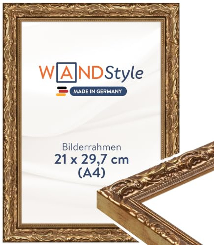 WANDStyle Bilderrahmen A4 Holz, DIN A4 Bilderrahmen Gold Vintage 30x21 cm | Hochwertiger Holzbilderrahmen Antik, Posterrahmen zum Aufhängen, Rahmen 21x30 cm, Fotorahmen H530 Made in Germany