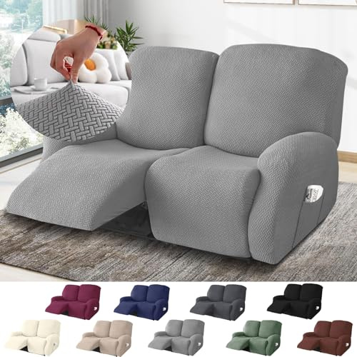 BOYIFEIJIE Housse Fauteuil Relax 2 Places, Housse de Fauteuil Extensible avec Poches, Housse Canapé Relax Jacquard Rayé Tout Compris, Protège Fauteuil pour Fauteuil Inclinable (Gris Clair, 6 Pièces)