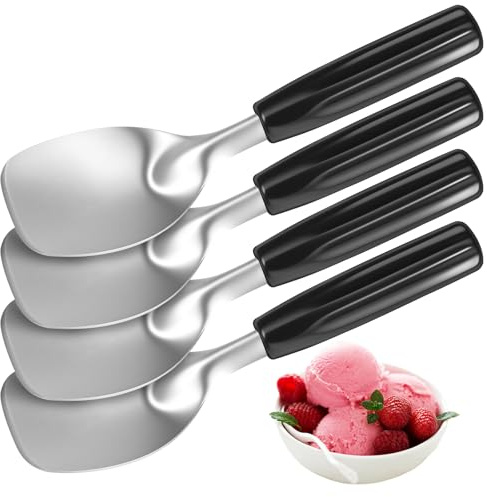 Lot de 4 pelles à glace en acier inoxydable - Poignée plate en acier inoxydable - Pelle à pesée - Passe au lave-vaisselle - Friandises congelées dures pour bar, cuisine, buffet, fête, saine, passe au
