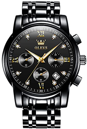 OLEVS Herren Chronograph Uhr Gold Silber Edelstahl Analog Quarz Uhr Wasserdicht Multifunktions Zifferblatt mit Datum Diamant Uhren für Männer, 2858-schwarzes Armband/schwarzes Zifferblatt, Standdard