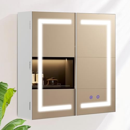 AxisFurn Badezimmer Spiegelschrank mit LED Beleuchtung, 3 Verstellbares Licht, mit Verstellbarem Regal Und Steckdose, Doppeltür Anti Beschlag Wandschrank mit Innenbeleuchtung 60 * 60cm Weiß