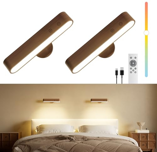 FULNIX 7500mAh Akku Wandleuchten für Schlafzimmer Innen, kabellos Walnussholz Wandleuchten mit Fernbedienung und Touch, 360° Magnetische Drehung, 3 Farben Dimmbare Wandlampen mit 15 RGB-Farben