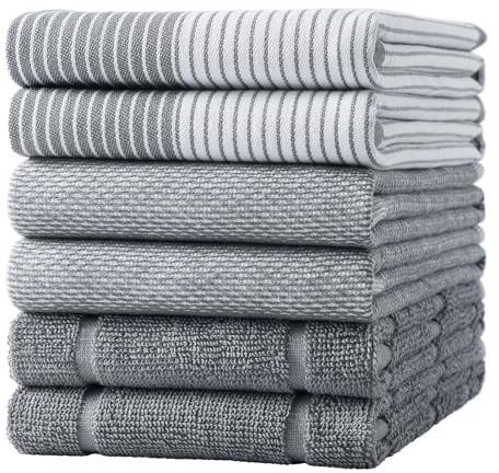 Moosfor 100% Organic Cotton Tea Towels 6 Pk 46 x 72 cm Grey Mix | Extra Large Lint-Free Dish Cloths, Highly Soft Absorbent & Quick-Drying Kitchen Towel, Great for Kitchen, Café and Daily Use.