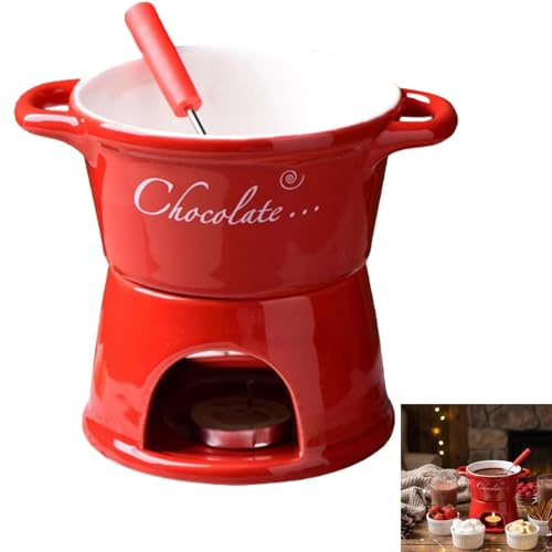STOUCLA Chokladfondue-kopp, chokladfondue-kopp, keramik, med gaffel, lämplig för choklad eller ostfondu, röd
