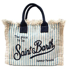 Saint Barth MC2 Tasche Colette aus Canvas mit cremefarbenen und hellblauen Streifen mit blauem Logo, Maße: 30 x 22 x 15 cm