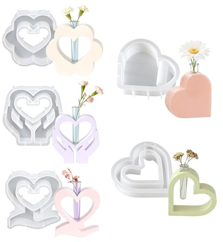 Mocifa 5 Pezzi Stampi Vasi Silicone Cuore con Provette Stampo Vaso per Resina Epossidica a Forma di Cuore per Piante Idroponiche Fai Da Te Decorazioni per l’Ufficio e la Casa