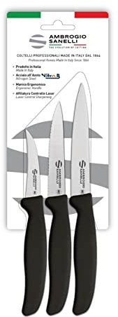 Sanelli Ambrogio, Set 3 Spelucchini, Coltelli da Cucina in Acciaio NitroB, Affilatura Laser, con Manico Ergonomico SEBS, Lavabili in Lavastoviglie, Certificati MOCA e Garantiti a Vita, Made in Italy