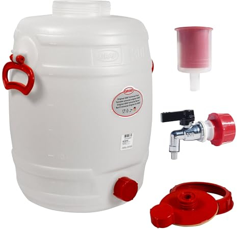 Graf Getränkefässer Saftfässer Kunststoffässer 10-500 Liter (Graf Getränkefass Rund 30 Liter mit Messing Auslaufhahn 3/4 und Gärspund)