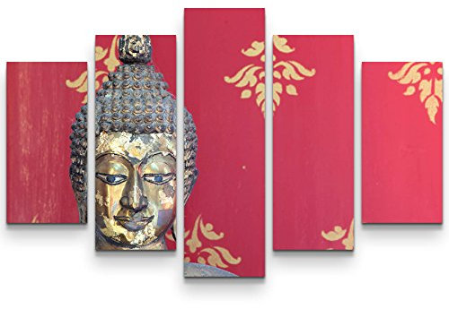 Paul Sinus Art Leinwandbilder | Bilder Leinwand 160x100cm Kopf einer Buddha Statue vor thailändischer Wandmalerei