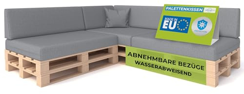 Pillows24 Palettenkissen 8er Set, Wasserabweisend & UV-fest, Waschbar | Palettenkissen Outdoor für Europaletten 120x80, abnehmbarer Bezug, Palettenuflage für Palettensofa, Made in EU, Grau