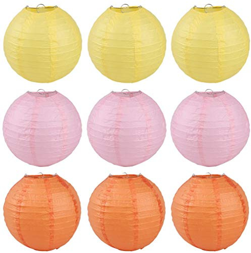 JK Home Juego de 9 faroles chinos decorativos redondos de papel para decoración del hogar, naranja+amarillo+rosa, 10 cm