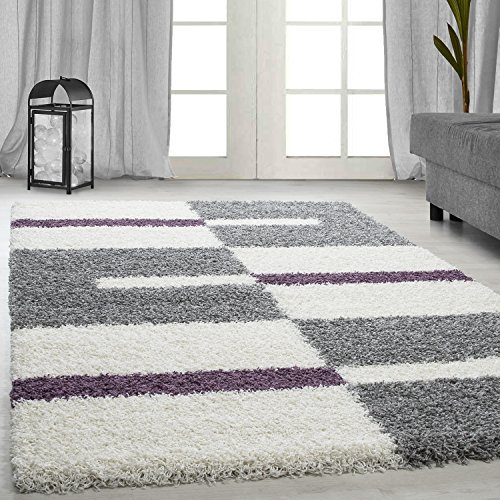 Ayyildiz Stilvoller Designer Hochflor Teppich mit Karo- und Linienmuster, Flauschiger Langflor, Pflegeleicht, Shaggy Flokati, Ideal fürs Wohnzimmer, Größe:240 x 340 cm, Farbe:Lila