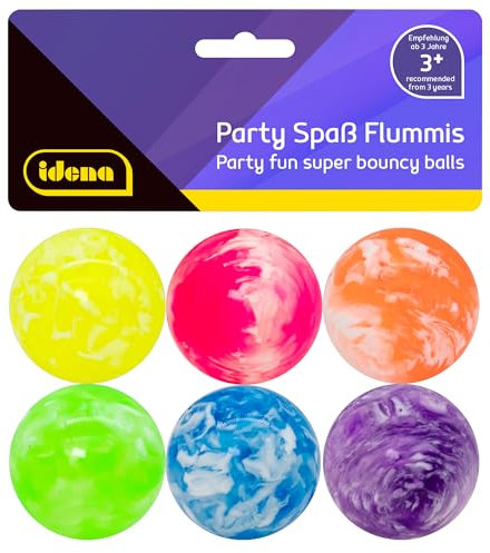 Idena 40434 Partyspaß Flummis, 6 Stück, in leuchtendem pink, lila, blau, grün, gelb und orange, aus stabilem Hartgummi, Durchmesser ca. 3 cm