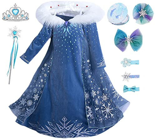 YOSICIL Mädchen eiskönigin kostüm elsa Kinder Kleid karneval kostüm kinder mit Zubehöre Spiegel Haarnadeln Zauberstab Krone für Kindergarten Rollenspiele Karneval Weihnachten, Blau, 120