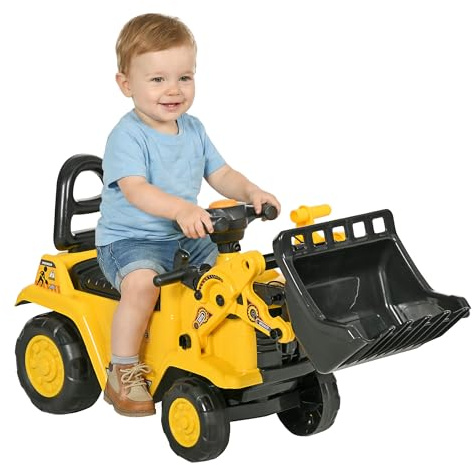HOMCOM Ride On Tractor, 3 in 1 Ride On Excavator Toy, Toddler Digger Bulldozer with Storage, Pretend Play Construction Truck, NO POWER for 18-48 Months, Yellow