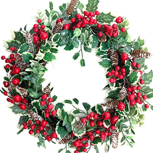 Floribus 45,7 cm Stechpalmenbeeren-Kranz mit Tannenzapfen, Weihnachtskranz für Haustür, immergrüner Winterurlaubskranz, grüner Stechpalmen-Kranz für die Haustür