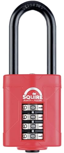Squire Heavy Duty Padlock (CP50/2.5) - Toughest Steel 2.5 Long Shackle - 4 Wheel 50mm Wide Combination Padlock(Red)- Alloy Steel for Corrosion Resistance Weatherproof Lock for Home, School & Garage