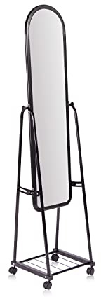 duehome | Espejo de Pie con Ruedas, Espejo Cuerpo Entero, Espejo con Almacenaje, Acabado en Negro Metálico, Modelo Darrell, Medidas: 37,5 cm (Largo) x 159 cm (Alto) x 38,5 cm (Fondo)