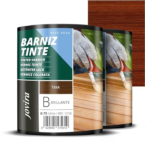 JOVIRA PINTURAS Barniz Tinte Brillante al Agua, acabado Brillo. Especial para teñir y barnizar maderas. (2x750 Mililitros, Teka) E-42-2