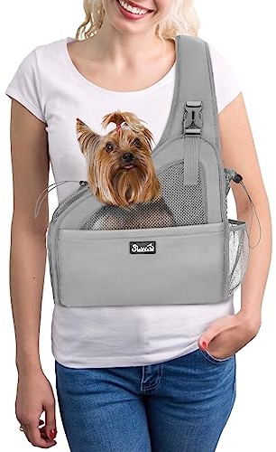 Eyein Hundefreundlich Tragetücher Hunde, Hände frei Reisetasche für kleine Haustiere mit verstellbaren Trägern Hartfaserplattenboden Sicherheitsgurt, für Hunde bis 2.8kg Verbreiterte Version, Grau