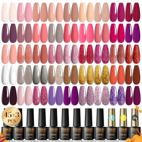 ROSALIND UV Nagellack Set, 48 Stück Gel Nagellack mit Unterlack, Glänzender & Matte Überlack, Diamant & Fluoreszenz Überlack, UV/LED Gellack Nagel Design