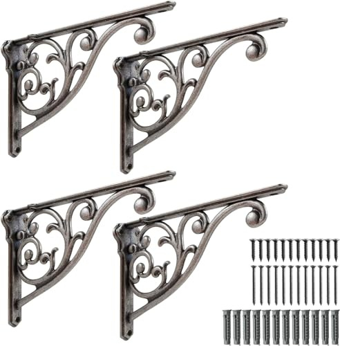 Khtumeware Regalhalterungen, verziert, dekorativ, 12,7 x 8,9 cm, kleine Wandhalterung, 2 Stück, Vintage-Metall-Regalhalterung, viktorianische Wandhalterung (antikes Silber)