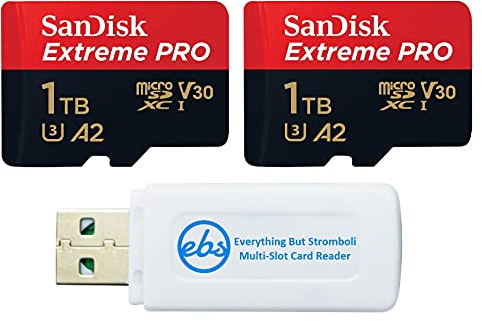SanDisk Extreme Pro 1TB Micro SD (2) tarjetas de memoria funciona con GoPro Action Camera Hero 12 Black (SDSQXCD-1T00-GN6MA) V30 U3 Bundle con (1) Everything But Stromboli MicroSDXC y lector de