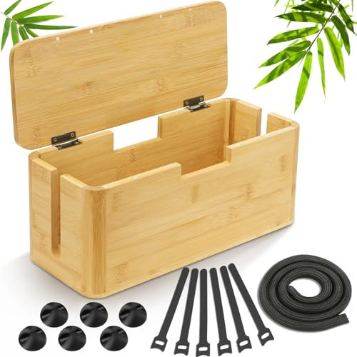 Otauoaea Scatola Portacavi in Bambù Sostenibile - Nascondi e Organizza Cavi per USB e Multipresa - Grande 34 x 13,5 x 14,5 cm