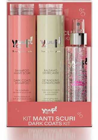 YUUP! - Skötselset för mörk päls | schampo för mörka rockar, utredande balsam & rosa sammetspray, för svarta eller mörka hundar. Även lämplig för katter