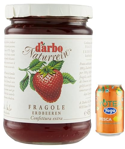 Rummo Darbo Confetura Lot de 12 confitures en verre naturel Fragole, 450 g + 1 boîte de thé glacé à la pêche 330 ml