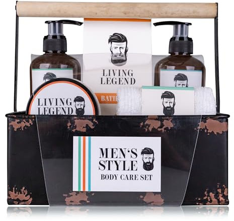 Accentra Geschenkset MEN'S STYLE in Metallkorb mit Tragegriff, inkl. Duschgel, Shampoo, Haarwachs, Badesalz und kleines Handtuch (30 x 30cm) - Badeset für Männer
