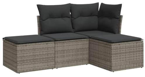 vidaXL Garten Sofagarnitur mit Kissen 4-TLG., Gartenmöbel Gartengarnitur, Sitzgruppe Sitzgarnitur, Lounge Sofa Garnitur Terrasse, Grau Poly Rattan