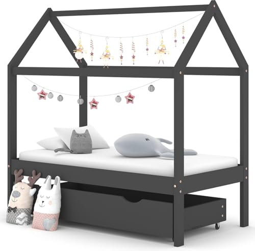 Rantry Kinderbett mit Schublade Holzbett Bett Hausbett Jugendbett Bettgestell Einzelbett Einzelbettgestell Kinderzimmer Bett Bett mit Lattenrost für Kinderzimmer Dunkelgrau 70x140 cm