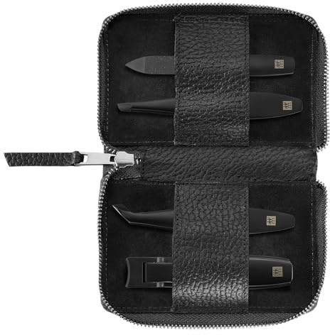 ZWILLING Manikyrset (4 delat, tryckknappsfäste i äkta läder, reseset, med nagelklippare och nagelbandsskärare), Premium, Black Edition