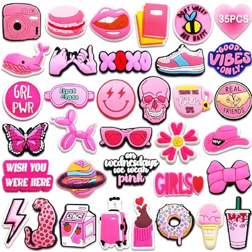 Acuiwer Shoe Charms Adornos de Zapatos 35 PCS PVC Encantos Cristal Clog Adornos para Zapatos para Niñas Mujeres Niños (E-PINK-35)