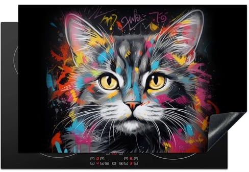 KitchenYeah© Herdabdeckplatte Induktion Schutzmatte Küche Herdabdeckung | 81.6x52.7 cm - Ceranfeld Induktionsmatte Cerankochfeld Abdeckung Katze - Graffiti - Tiere - Farben - Grau