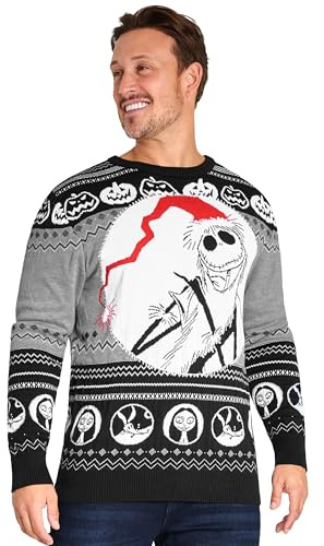 Disney Natale Maglione Uomo, Girocollo con Maniche Lunghe Pullover - Regalo Uomo e Adolescente (Nera/Multcolore Jack, XL)