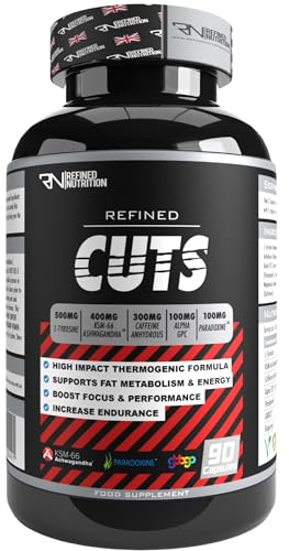 Refined Nutrition Cuts 300mg Caffeine Thermogenic Fat Burner - 90 Vegan Capsules for Weight Management, Energy, Focus & Metabolism Support with KSM-66 Ashwagandha