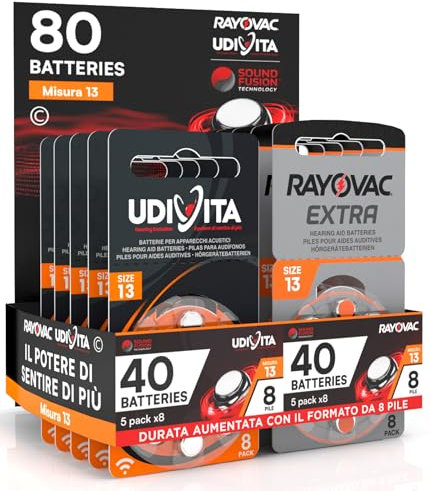 80 Batterie Per Apparecchi Acustici Auricolari Misura 13 PR48 (Arancioni) 10 Blister da 8 Pile Tecnologia Sound Fusion - 80 Pile: 40 Rayovac + 40 Udivita