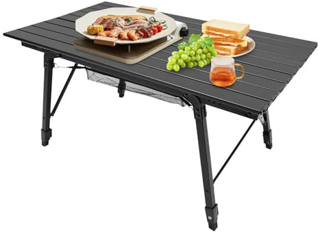 Tyvotrend Mesa de camping portátil, altura ajustable, ligera, plegable, con antideslizante y resistente al agua, mesa de picnic de aluminio con bolsa de malla y bolsa de transporte, para camping