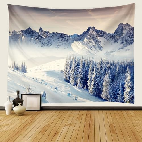 AMDXD Tapisserie 150x130cm, Landschaft Natur Wandteppich Schneeberge Wald Wandtuch Polyester Hausdekor für Schlafzimmer Wohnzimmer Kinderzimmer, Grau Weiß